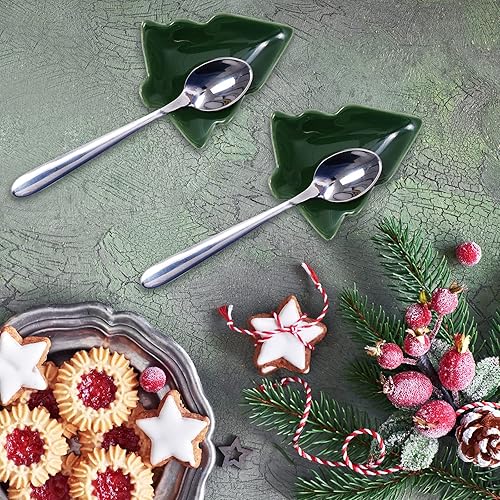 Miniatura 7 de Whaline 4 cucharas de café de Navidad soporte de cerámica con forma de árbol de Navidad soporte de cucharadita verde oscuro soporte para cuchara de