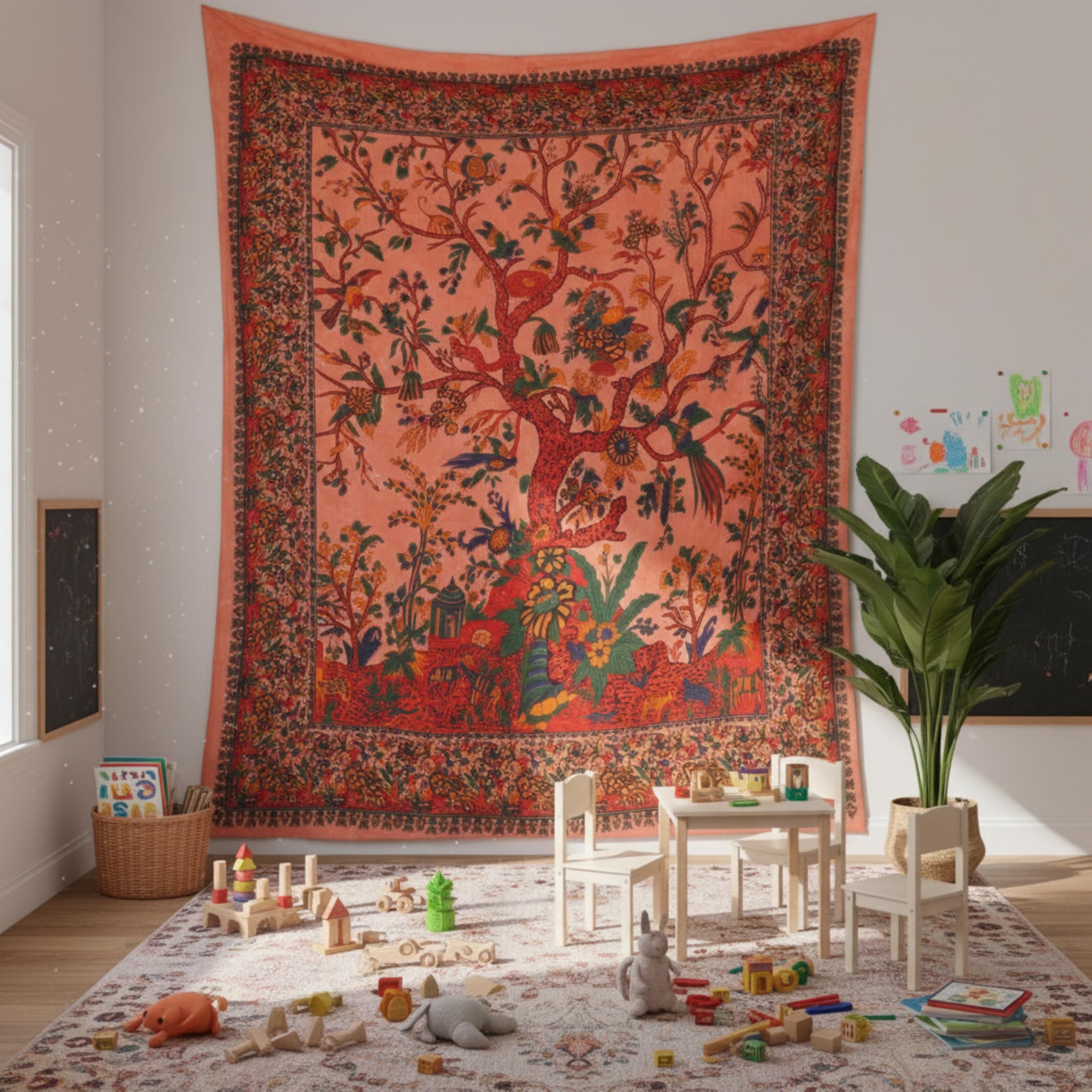 Craft Trade Orange Arbre Tapisserie Indien Tissu Mural Tapestry Tenture Murale Tapisseries Bohème pour Décor Maison Salon et de la Chambre à Coucher- 137 x 213 cm