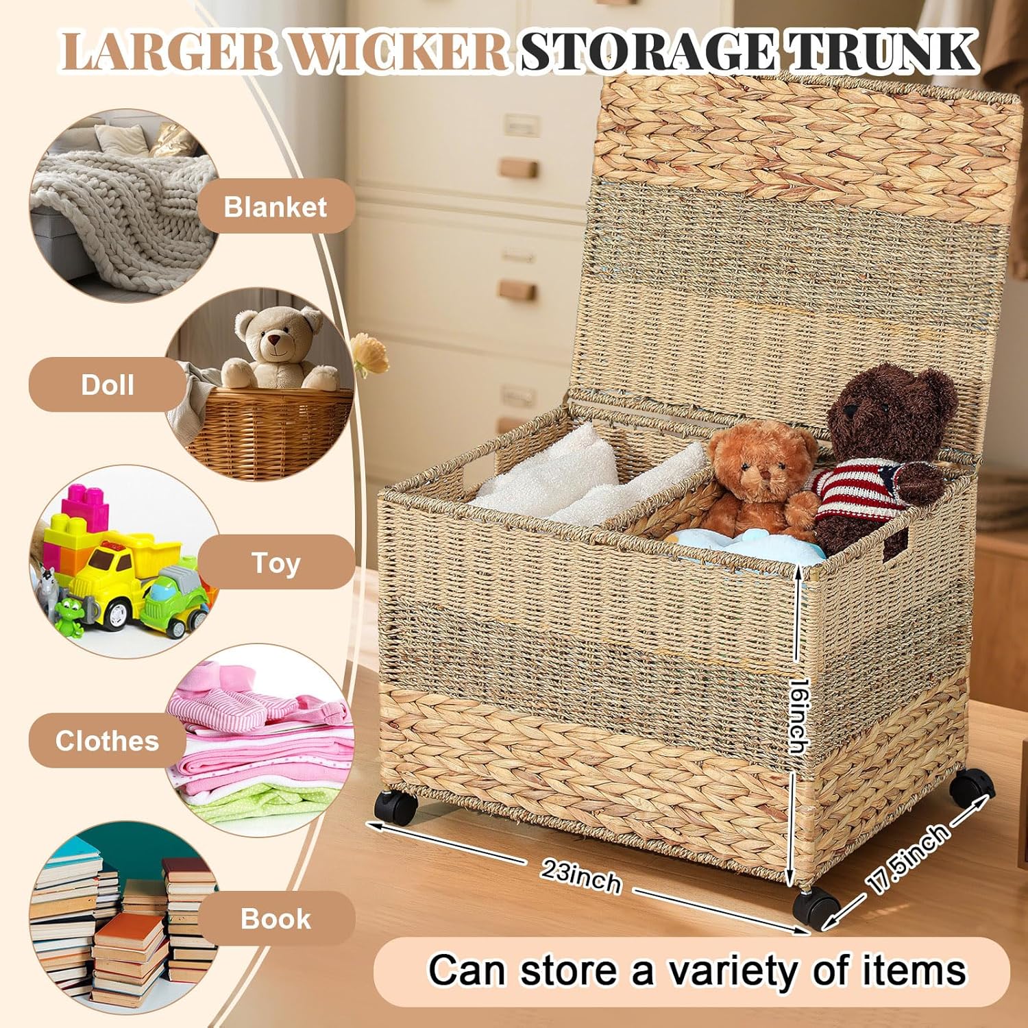 Rolling Wicker Storage Basket 23×17.5×16 Inch Toy Basket with Lid and Locking Wheels t for Blanket Bedroom, Laundry Room Natural