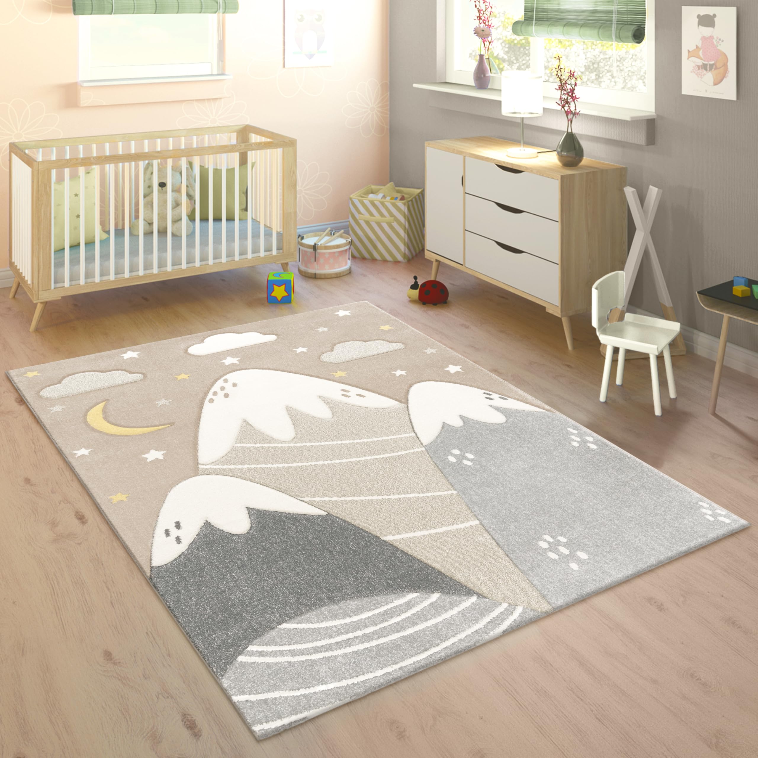 Paco Home Teppich Kinderzimmer Kinderteppich Spielteppich Junge Mädchen 3D Optik Modern Pastell Berge Wolken Sterne, Grösse:80x150 cm