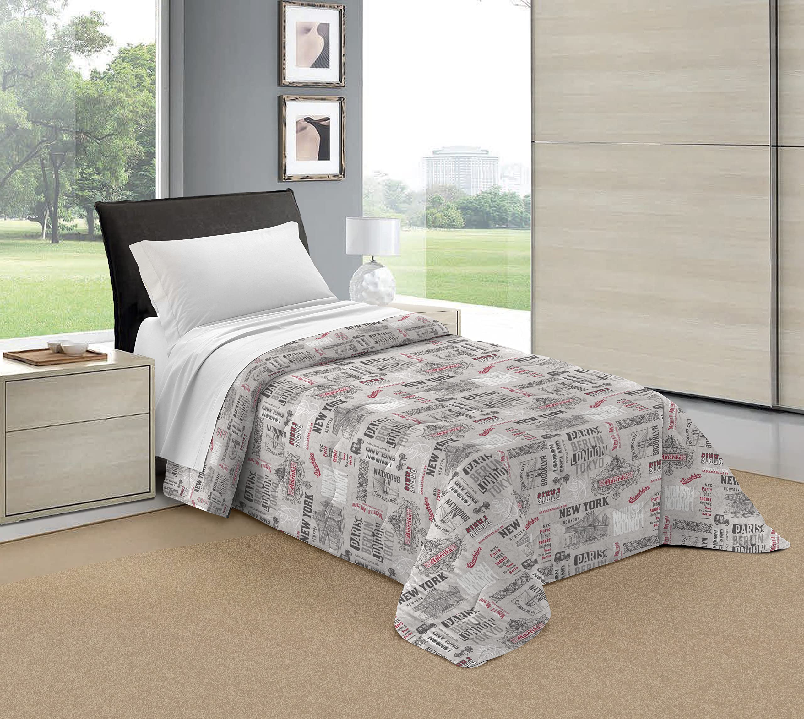 Tata Home Trapunta Invernale Matrimoniale Imbottita 300 gr/mq Caldo Piumone Misura 260x260 cm Fantasia New York City Made in Italy Colore Grigio Nero