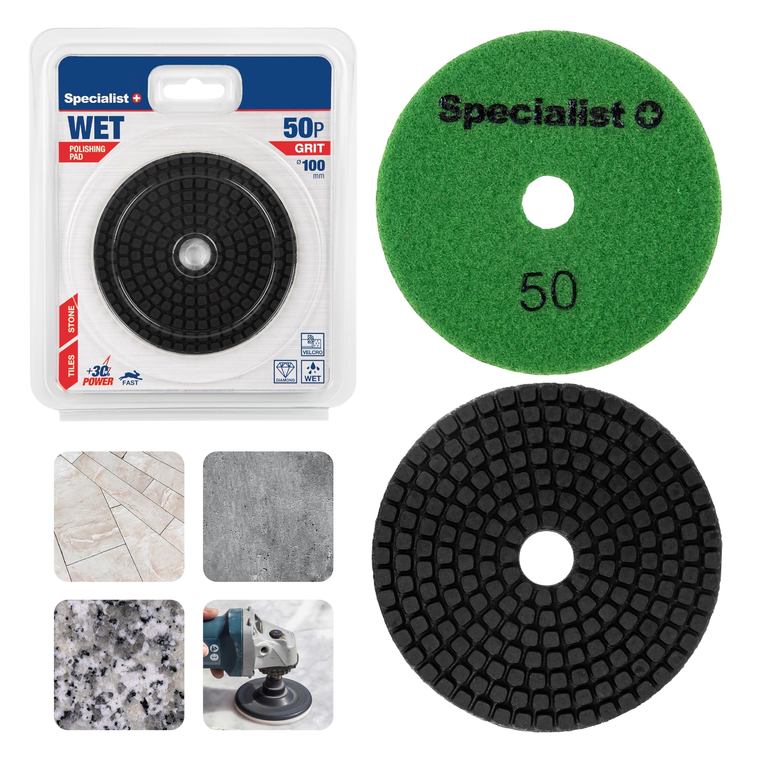 SPECIALIST+ Juego de corte de azulejos y pulido de diamante | Kit de 6 piezas con disco de lijadora angular de 125 mm, almohadilla de soporte de velcro y almohadillas de pulido húmedas de grano 50–400