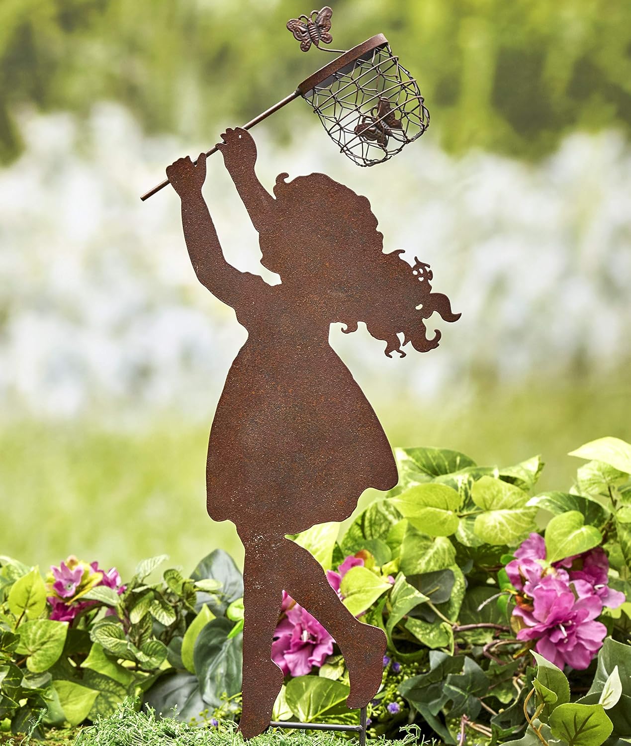 Charm Company Decorative Metal Girl Chasing Butterfly Yard Stake with Distressed Finish : Patio, Lawn & Garden