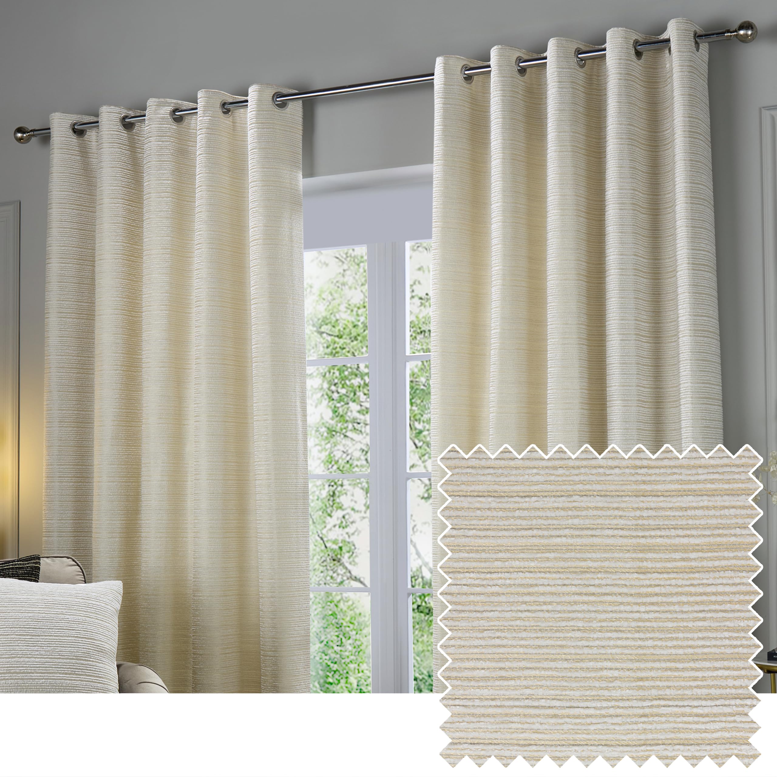 Paoletti Jupiter Room Darkening Eyelet Curtain Pair – Elegant Jacquard Chenille Lined Ring Top Drapes (Ivory/Gold - 168x183cm)