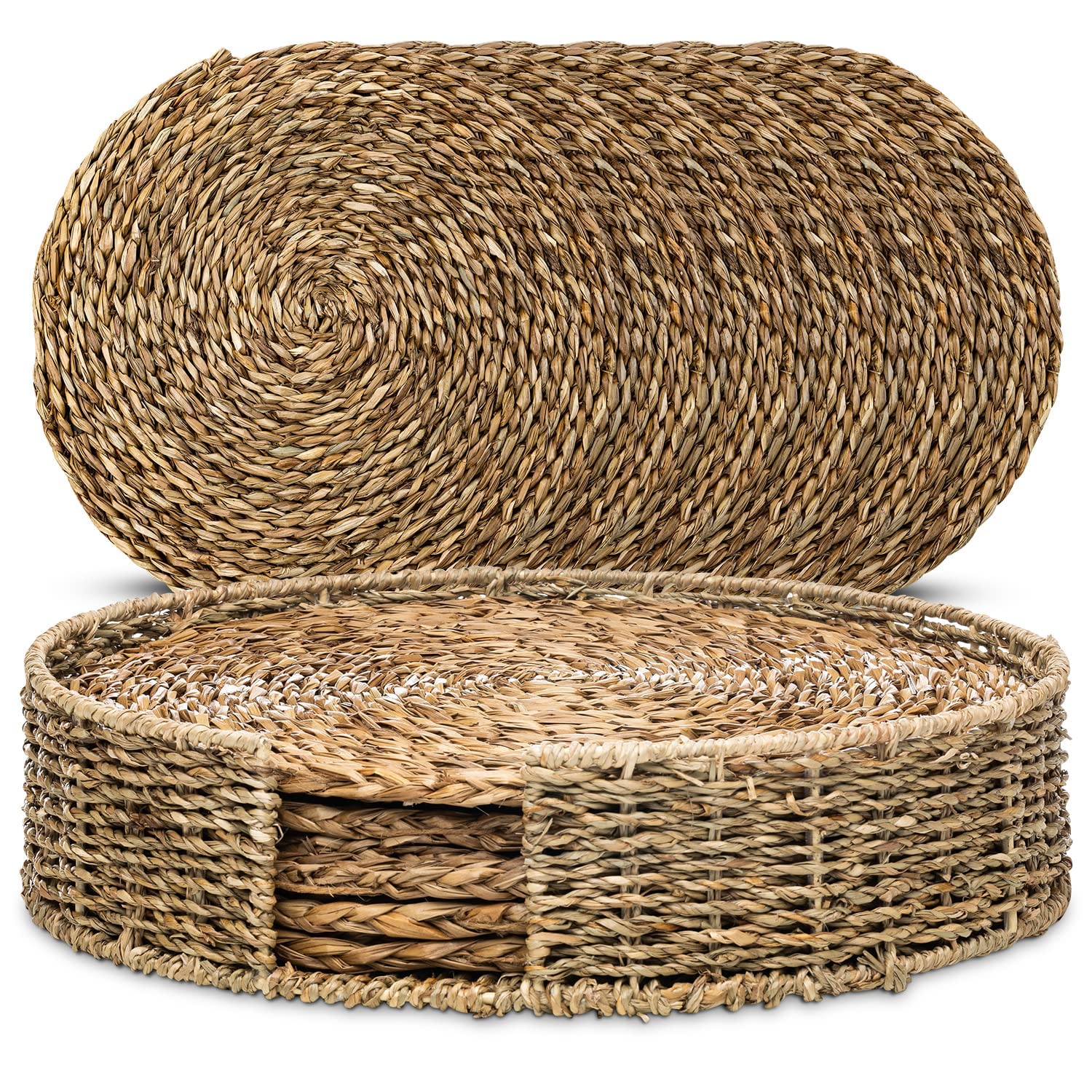 Wovanna Woven Seagrass Placemats for Dining Table - Set of 6 Adorable Thick Rustic Round Kitchen Placemats with Round Holder – All Natural Seagrass Tablemats Hand-Braided from Water Hyacinth, 13.5"