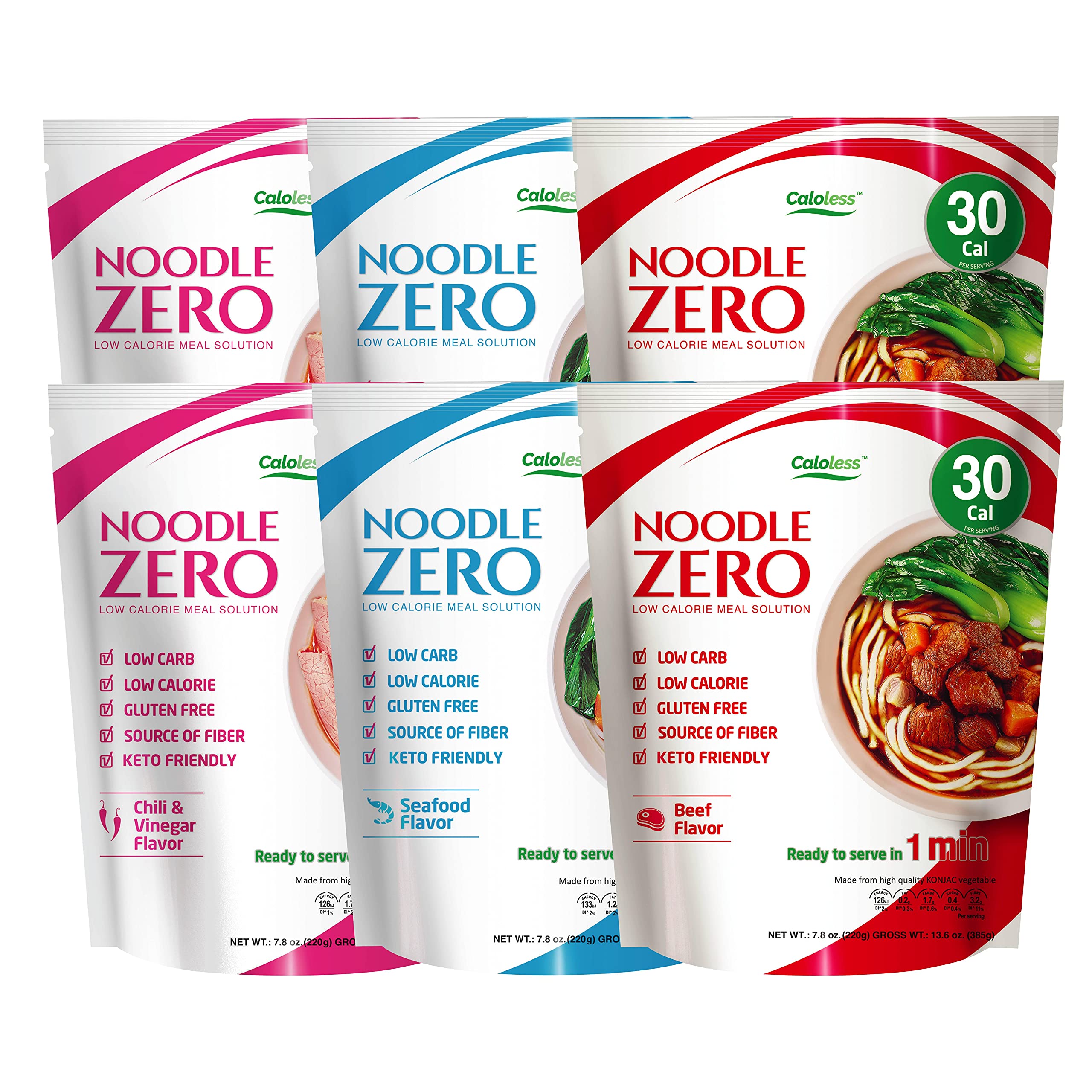 Caloless Konjac Shirataki Noodles 6-Pack Low Calorie Healthy Food (Chilli/Seafood/Beef)-Gluten Free,