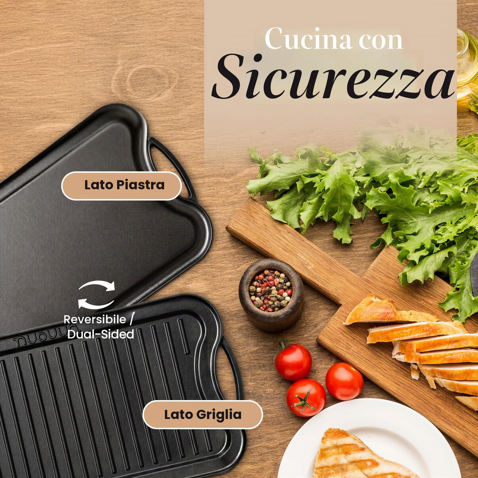Piastra in ghisa per piano cottura a gas e grigliate su due lati, pre-stagionata, per una cucina sana e deliziosa, superficie piatta e scanalata, 50 x 25 cm