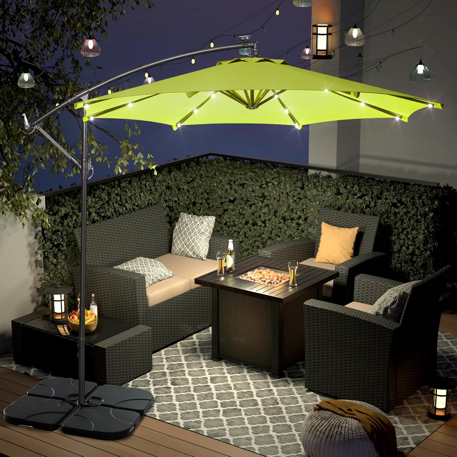 WO Home Furniture Patio LED Umbrella Set of 2 PCS 10ft Cantilever & Stand Kit (Bright Lime Green)