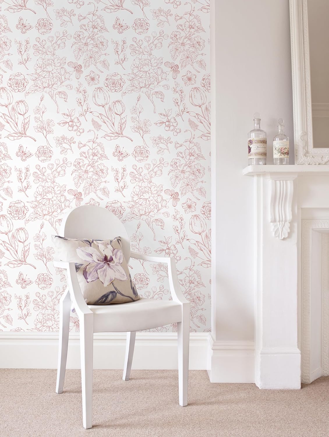 CiCiwind Floral Peel and Stick Wallpaper Pink and White Contact Paper Boho Wall Paper Modern Removable Self Adhesive Butterfly Wallpaper for Bedroom Bathroom Cabinets 17.3"×78.7"