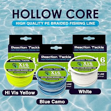 Reaction Tackle Hollow Core Braided Fishing Line - 16 Strand Splice Ready Braid for Knotless Leader Connections, Freshwater and Saltwater Trolling and Offshore