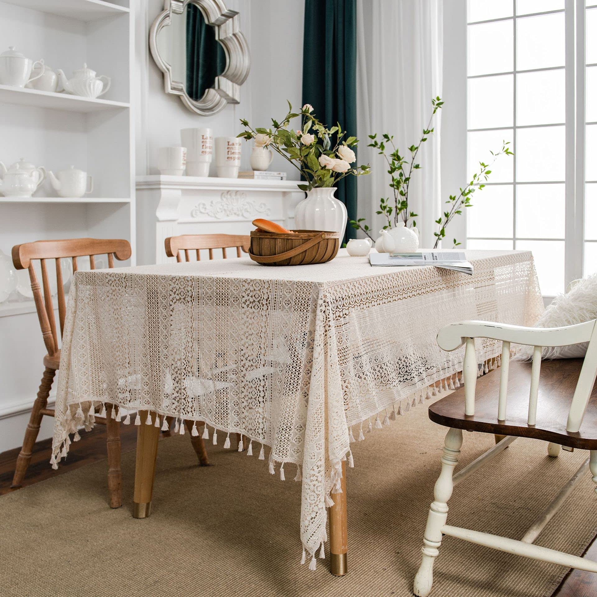 Plancholo Handmade Crochet Tablecloth with Tassels Boho Geometric Table Cloth Washable Table Cover for Kitchen Dining (Beige, Rectangle, 59 x 87 Inch)