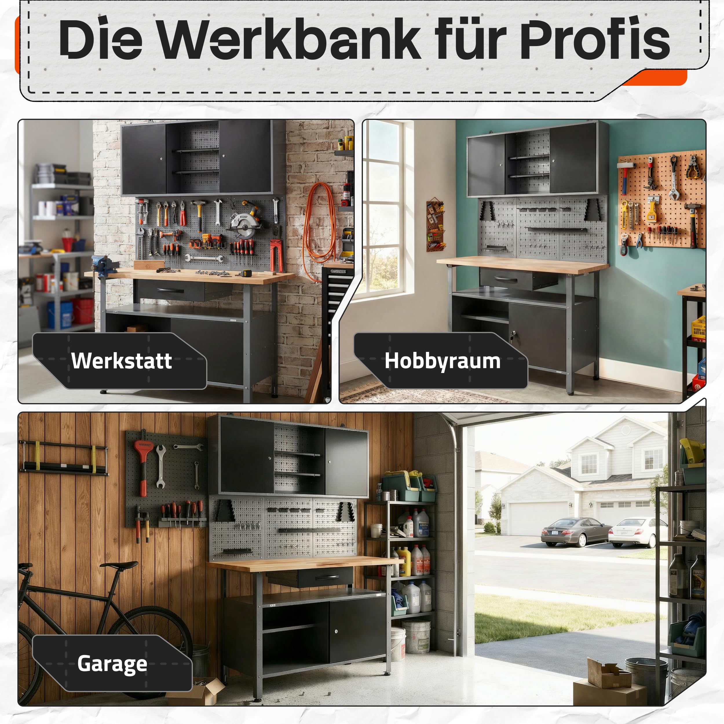 Ondis24 Werkstatteinrichtung Klaus, Metall, 1 Werkstattschrank, Lochwand, Hakensortiment (Arbeitshöhe 85 cm, Schwarz)