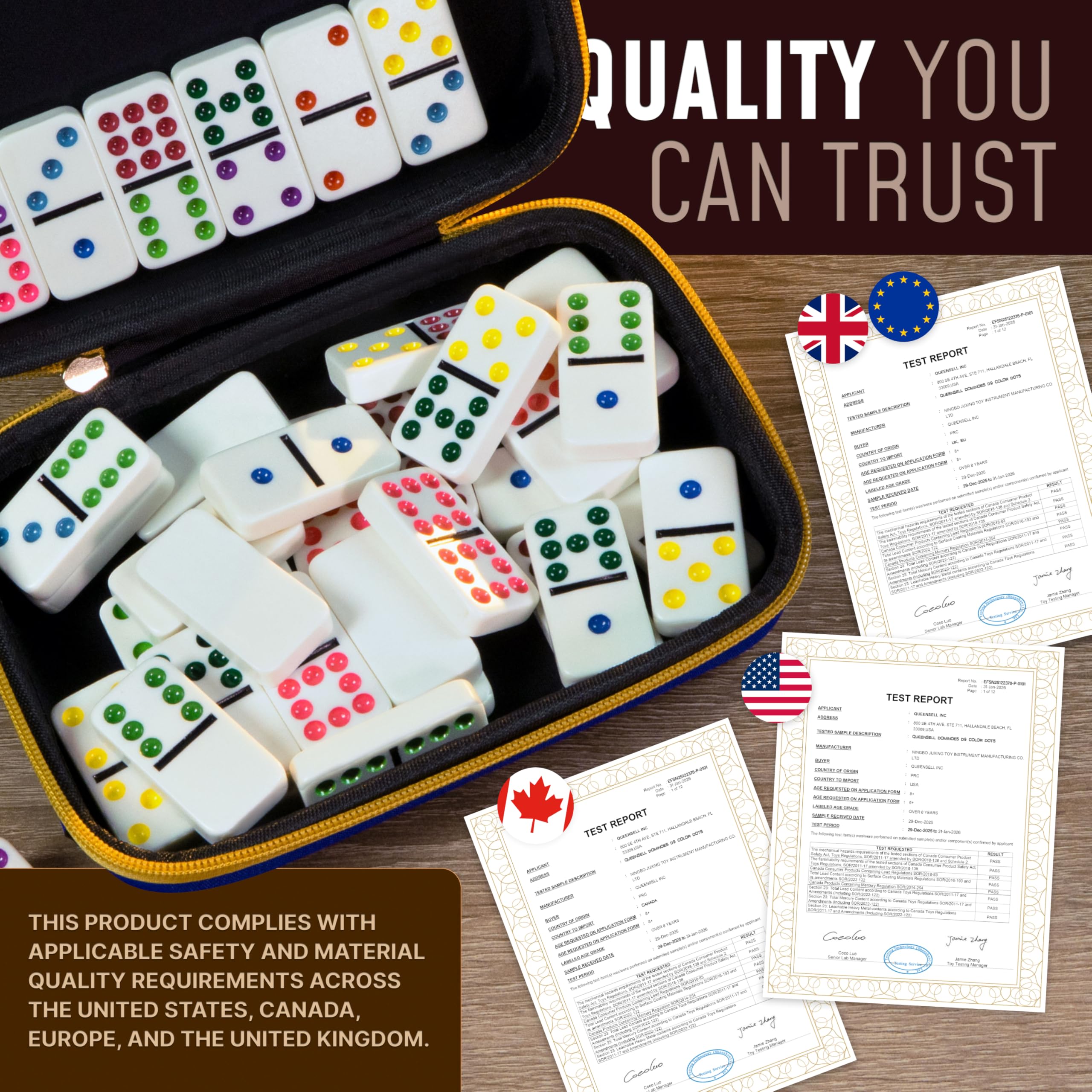 Queensell Jeu de Dominos Double 9 pour Adultes et Enfants avec Points Colorés – Ensemble Classique de Dominos avec 55 Pièces, Hub en Bois, Trains et Étui de Transport EVA