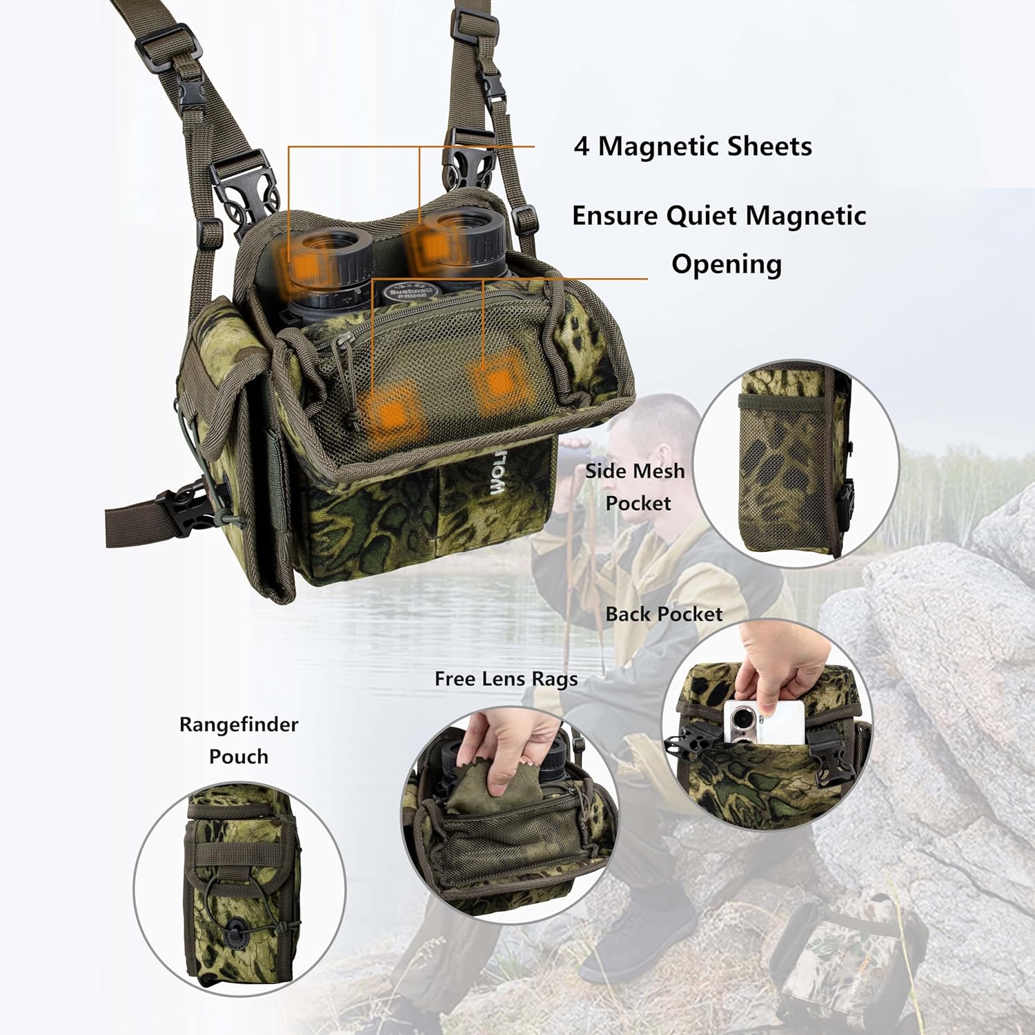 Binoculars Harness, Bino Chest Pack with Rangefinder Pouch, Binoculars Bags Magnetic Opening Bino Case Triple-Use Mode, Hunting Chest Pack with Tether Straps, Molle System & Lens Cleaning Cloth