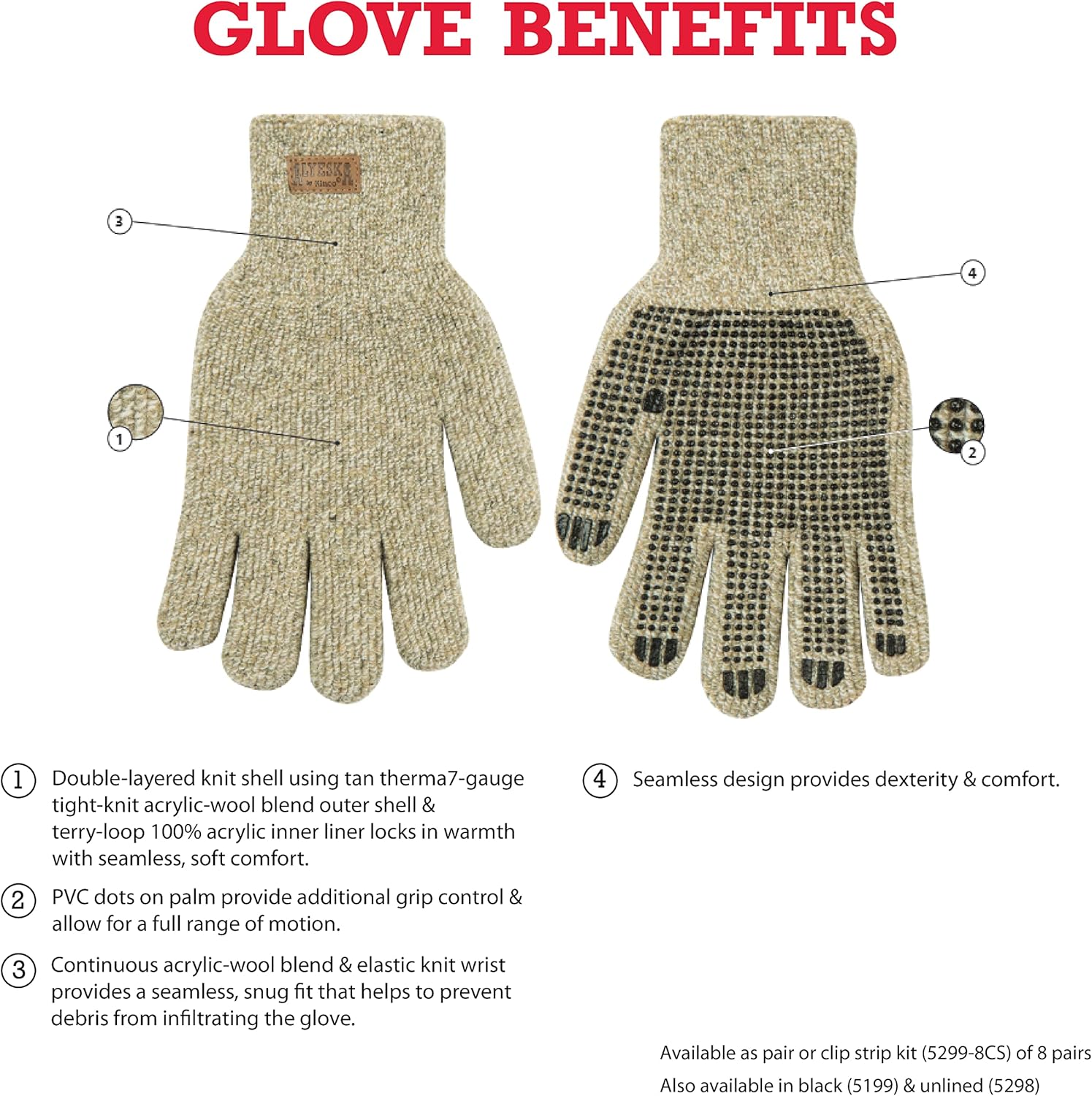 Kinco, 5299, Knit Wool Gloves for Men - Alyeska Ragg Gloves, Heavy Duty Wool with Acrylic Thermal Lining & PVC Dots