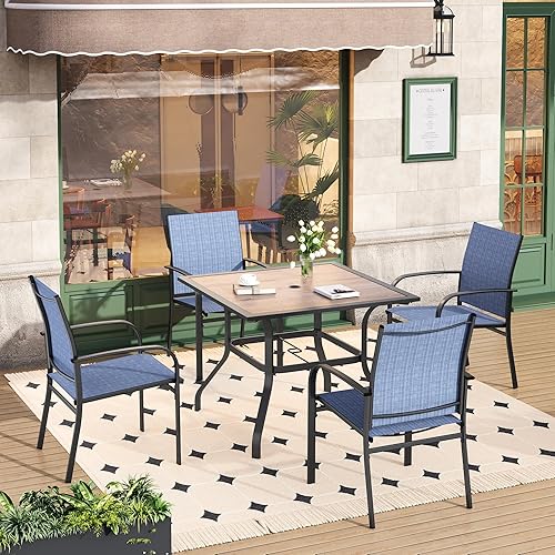 HERA'S HOUSE Outdoor Dining Set 5 Piece Patio Table and Chairs Set, 4 x Textilene Dining Chair, 37" Square Wood Look Dining Table, for Lawn Garden Backyard Deck (Blue Chair x 4, 37" Square Table)