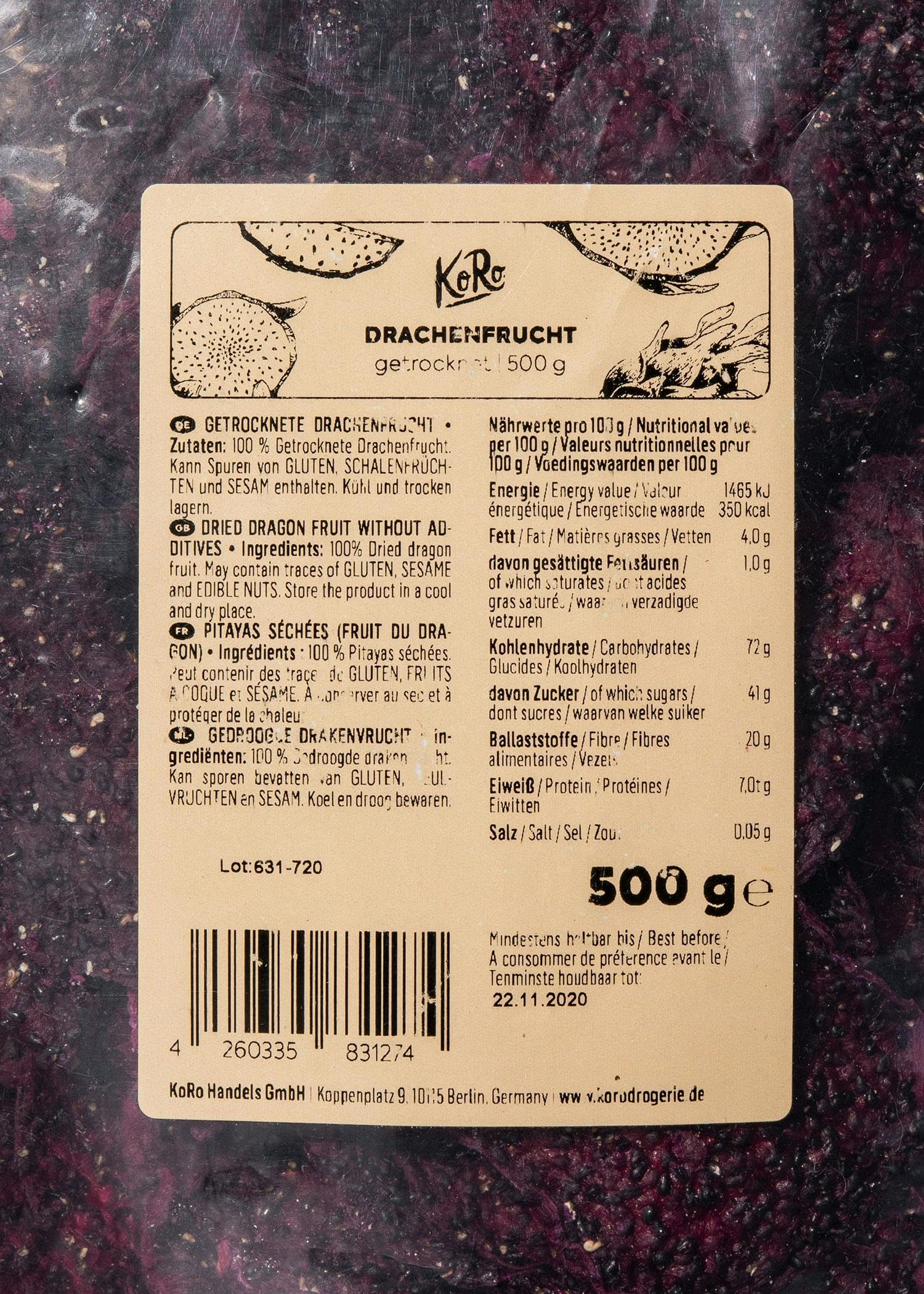 KoRo - Pitaya essiccata 500 g - Frutto del drago essiccato, senza zucchero, frutta esotica disidratata, snack senza conservanti, 100% naturale