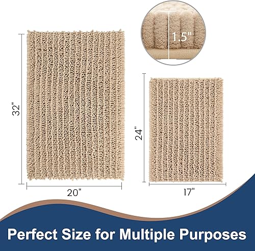 Miniatura 2 de FLOLEOPA Alfombras de Baño de Chenille de Lujo Color Beige Juego de Tapetes de Baño, Extra Suaves y Absorbentes Alfombras de Baño Antideslizantes