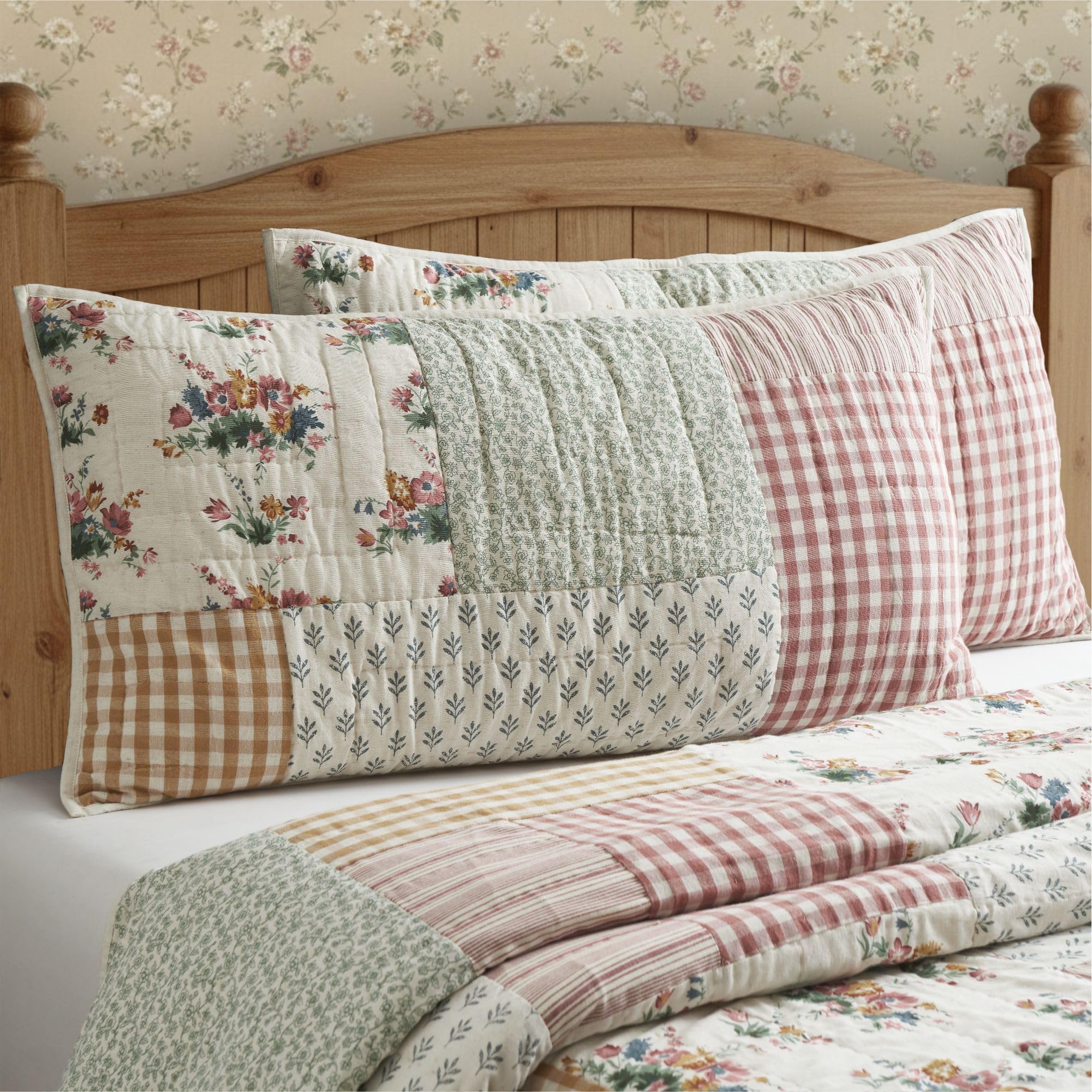 VHC Brands Rosehill Cottage Floral Patch Cotton King Sham - 20x38 Dusty Rose & Natural Vintage Patchwork Pillow Cover