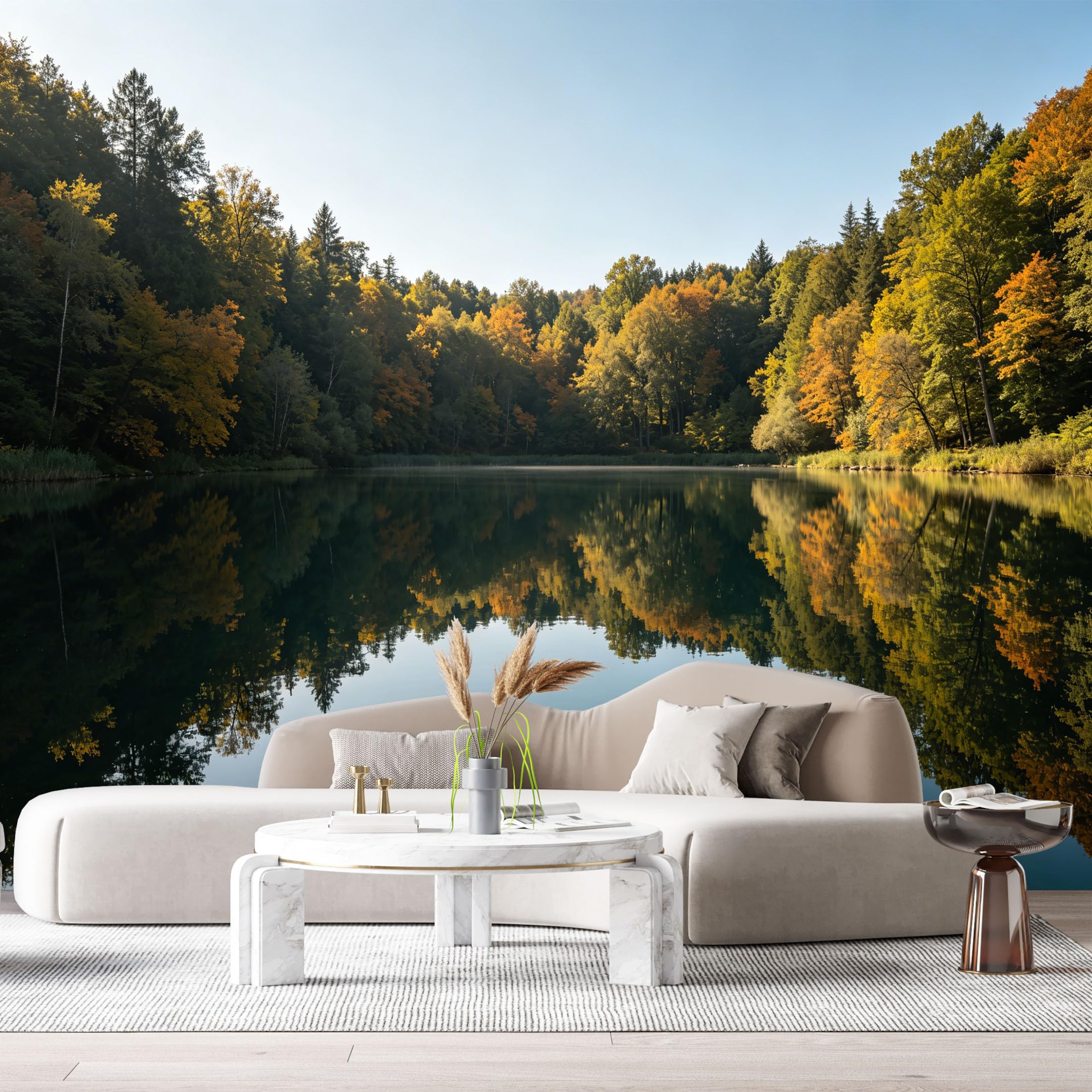 Custom Size Wall Murals Forest Landscape Autumn Trees Reflection Lake Mountain View SelfAdhesive Wall Fabric Removable Large Wallpaper for Photo Living Room