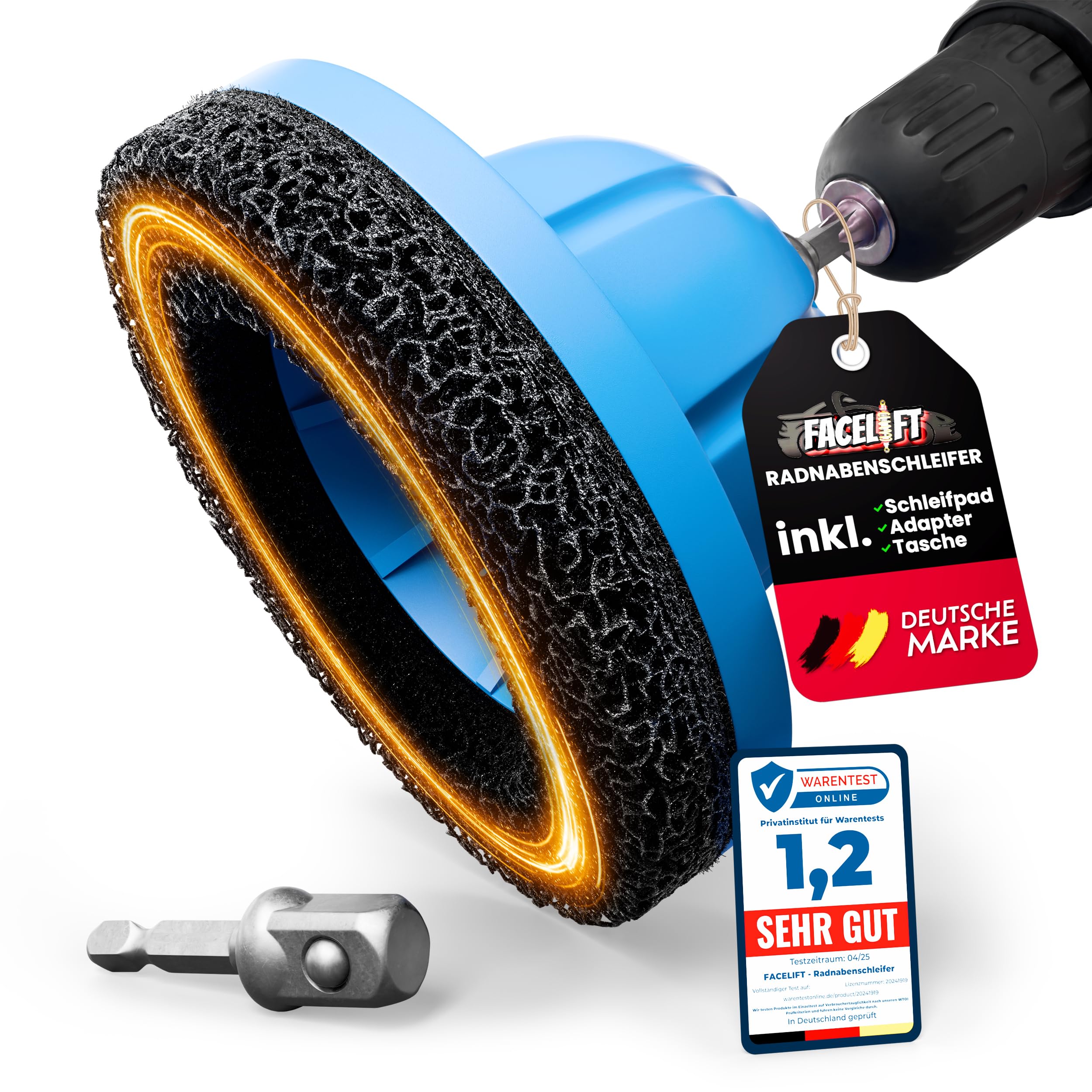 FACELIFT Smerigliatrice per mozzo ruota Ø 150 mm – con cuscinetto abrasivo, adattatore e borsa – per una presa pulita e sedile fisso – ideale per il cambio della ruota in auto o officina (1 tampone