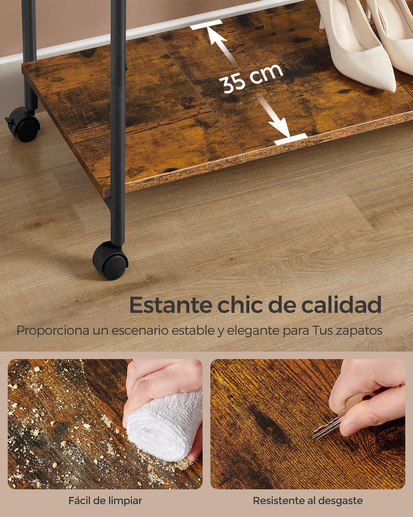 SONGMICS Perchero con Ruedas, Perchero de Doble Barra, con Estante, 98,5 cm de Ancho, Soporta 100 kg en Total, Marco de Acero, Marrón Rústico y Negro Tinta HSR152B01