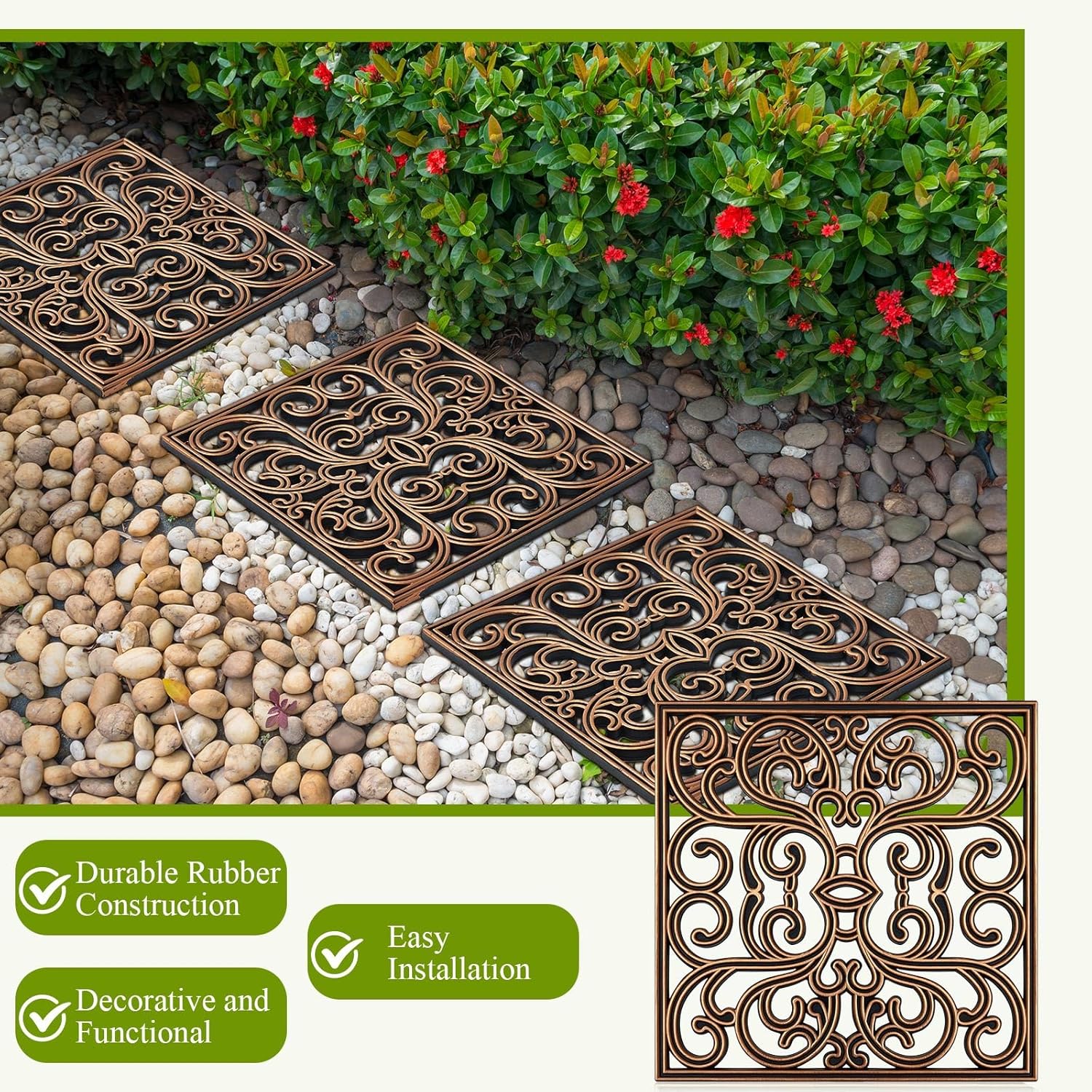 Pangda 8 Pcs Rubber Stepping Stones Outdoor Garden Walkway, 12 x 12 Inch Heavy Duty Pathway Pavers Retro Decorative Stepping Stones for Outside Landscaping Yard Lawn Path(Copper,Scroll Square)