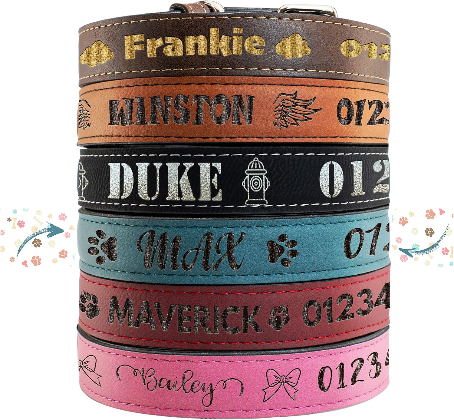 Personalized Leather Dog Collar | 3 Adjustable Sizes - 9 Icons with Your Pet's Name | Large - Teal | - Safe&Secure Pet Collars with ID,…