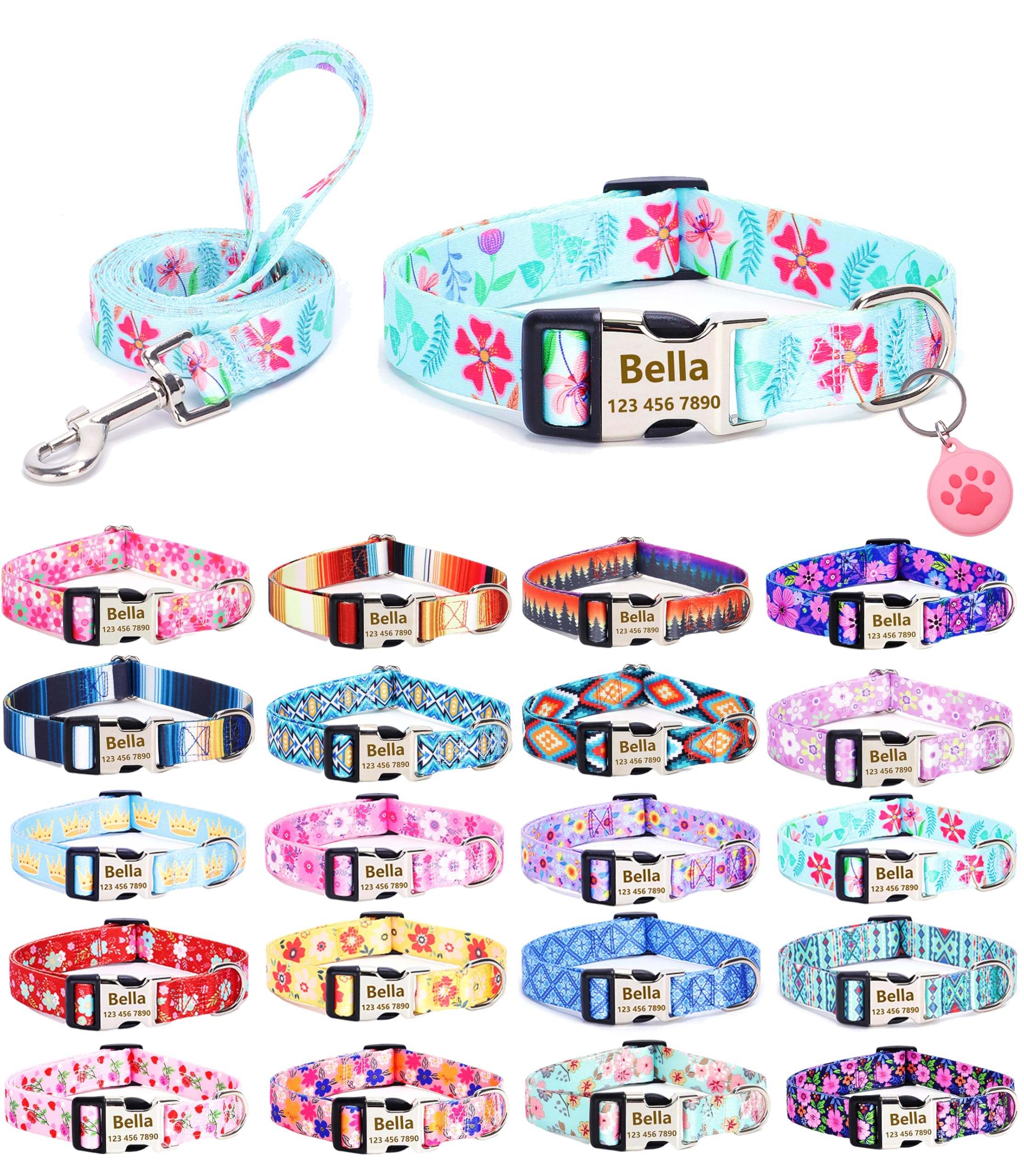 Moonpet Personalised Custom Customized Dog Collars Lead Airtag Holder Set with Name Phone Number for Puppy X-small Small Medium Large Boy Girl Dogs - Verdure Flower-L