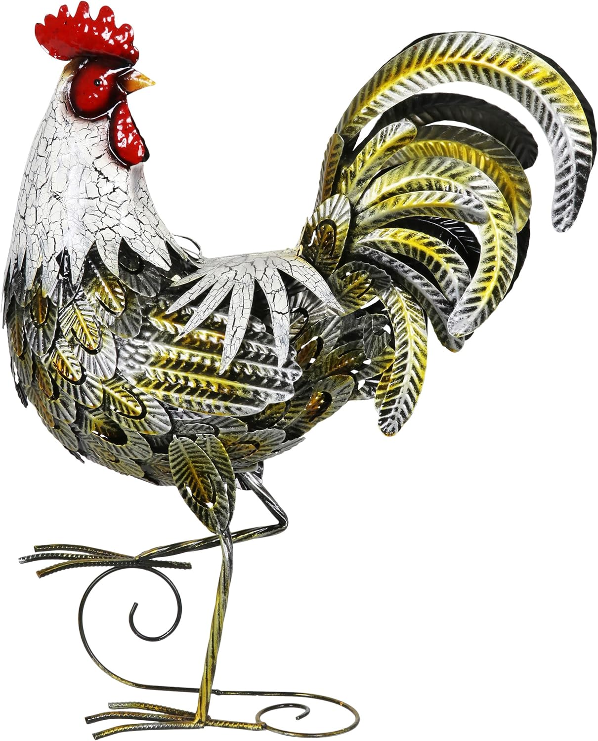 Exhart Metal Rooster Statue – Metal Rooster White & Gold Statue, 10” Hand-Painted Sculpted Figure, Garden Art Decor, Free-Stand Metal Statue, Farmhouse Decorations 15.75 L x 5.5 W x 18 H