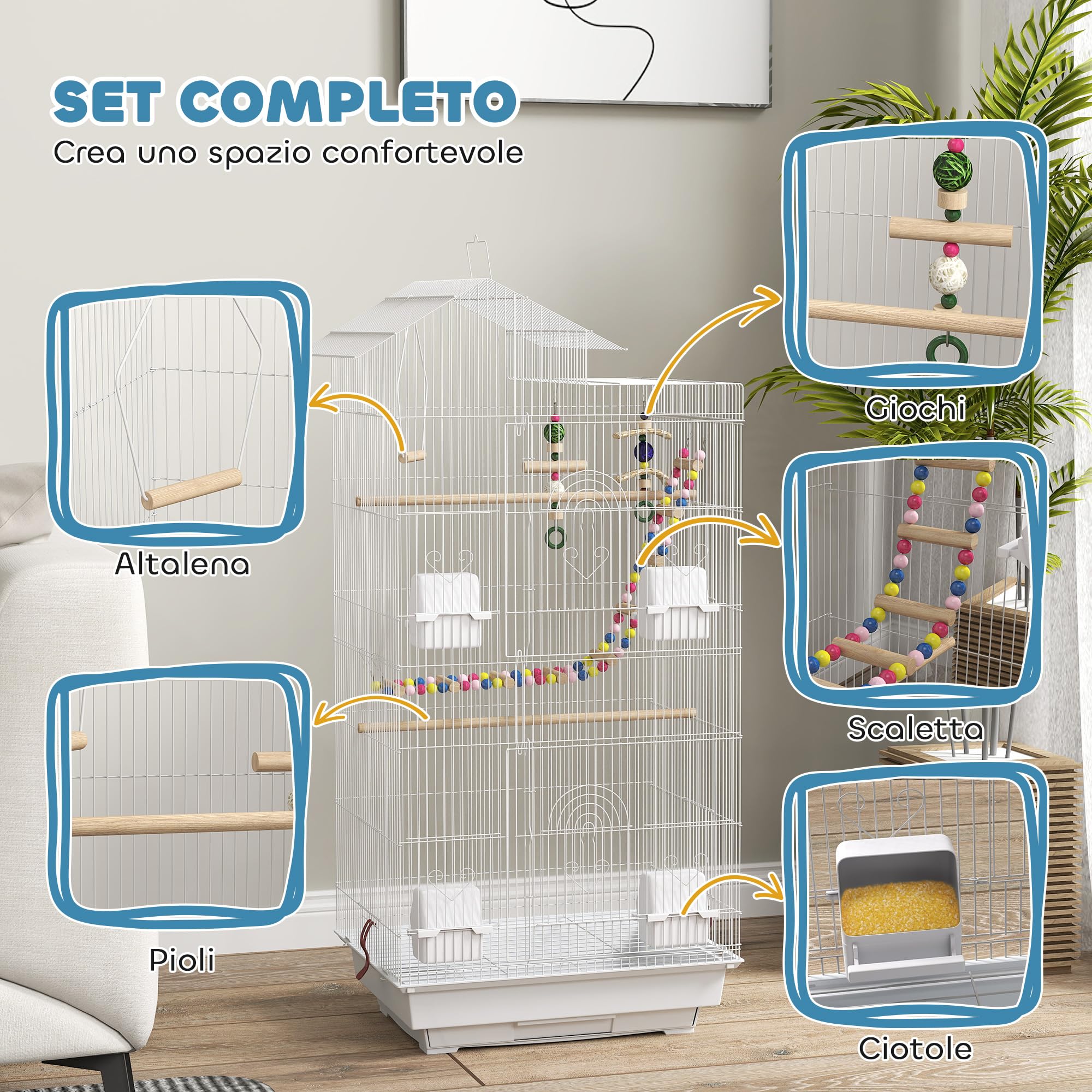 PawHut Gabbia per Uccelli, Voliera con Maniglia e Porte, Gabbietta con Altalena, Ciotole e Giochi, 46x36x100 cm, Bianco