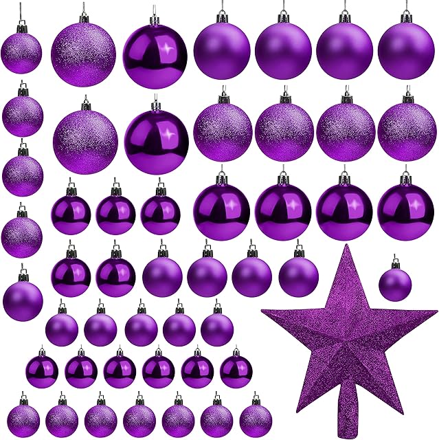 Belle Vous 50 Pack Christmas Baubles - Assorted Size Glittery Purple Baubles with Star Tree Top - Xmas Tree Ball Hanging Ornaments for Christmas Decorations Holiday Party Indoor/Outdoor Decorations