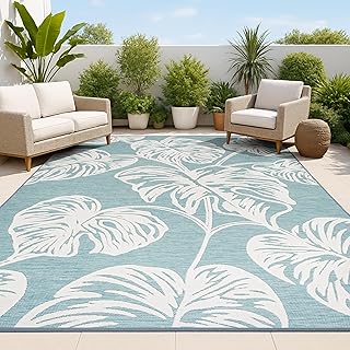 JONATHAN Y Two-Tone Monstera Leaf Indoor Outdoor Area Rug 8X10 Blue/Ivor...