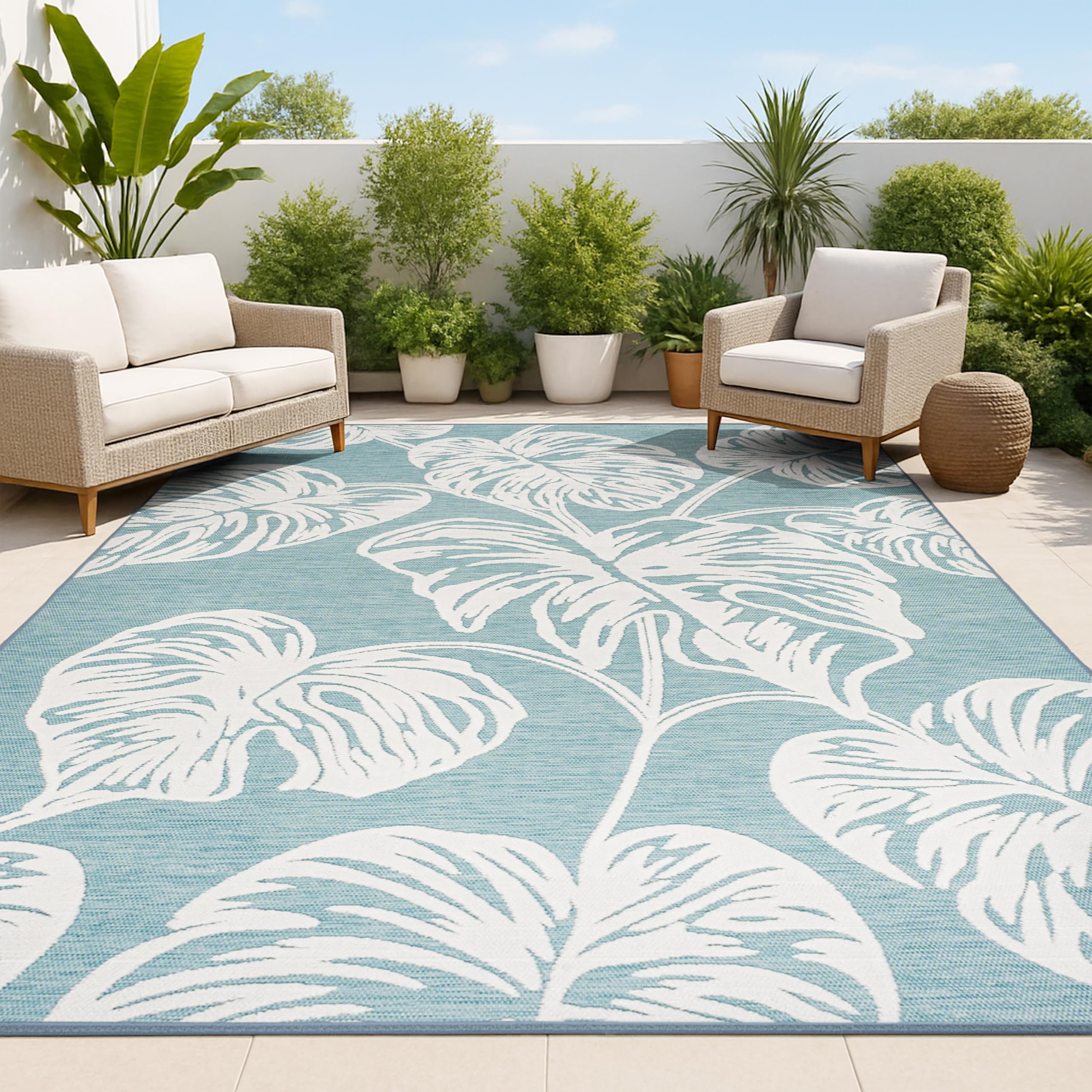 JONATHAN Y Two-Tone Monstera Leaf Indoor Outdoor Area Rug 8X10 Blue/Ivory, Tobago High-Low for Backyard, Patio, Porch, Easy-Cleaning, High Traffic,