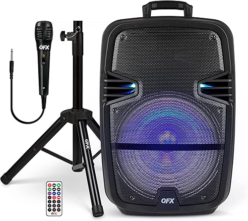 QFX PBX-616SM - Altavoz recargable Bluetooth de 15 pulgadas con luces LED, micrófono y soporte, color negro
