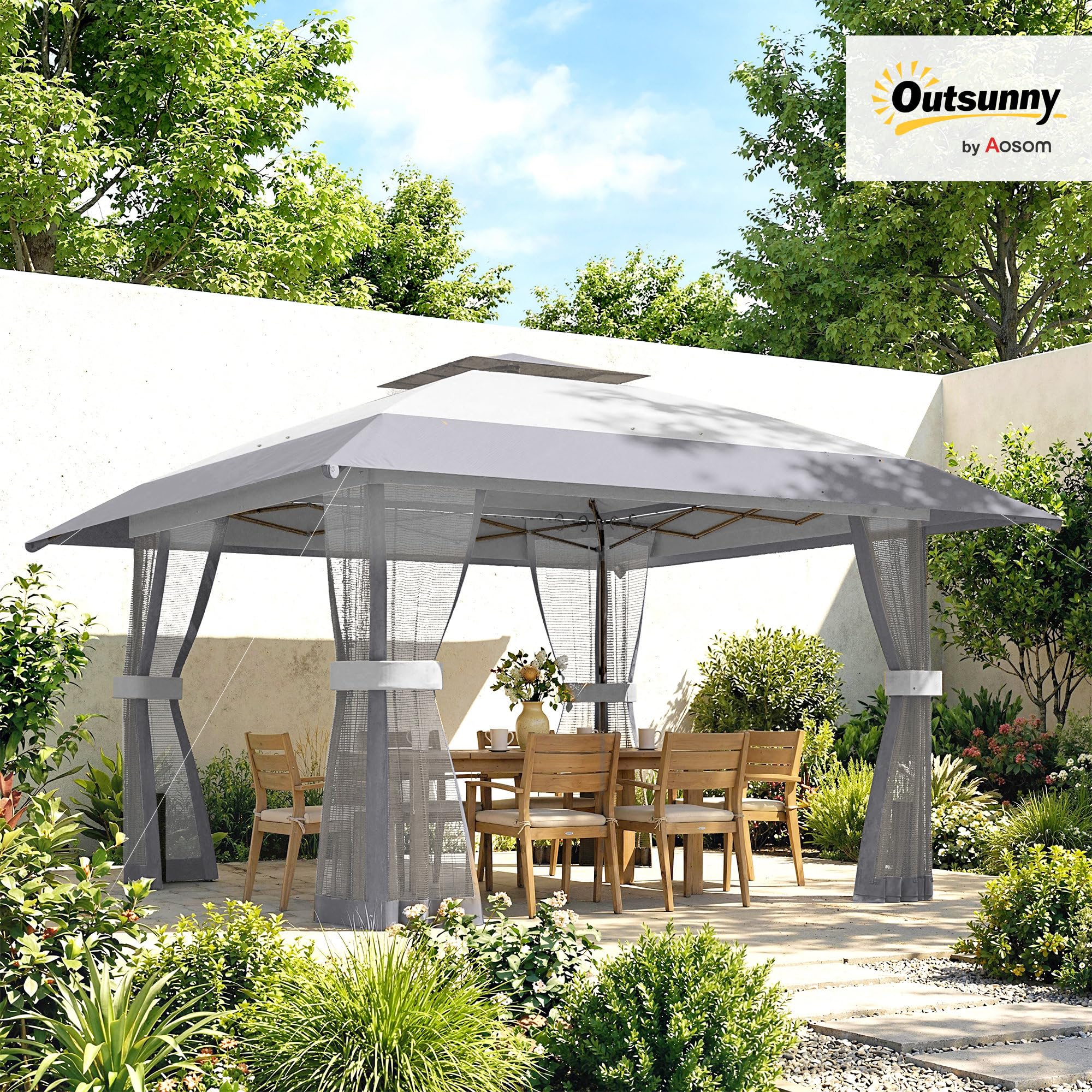 Outsunny Carpa Plegable 4x4 m, Pop-up, con Doble Techo, 4 Paredes Laterales de Malla, Cenador de Jardín con Altura Ajustable 3 Niveles, Bolsa de Transporte, UPF30+, Gazebo para Camping, Fiestas, Gris