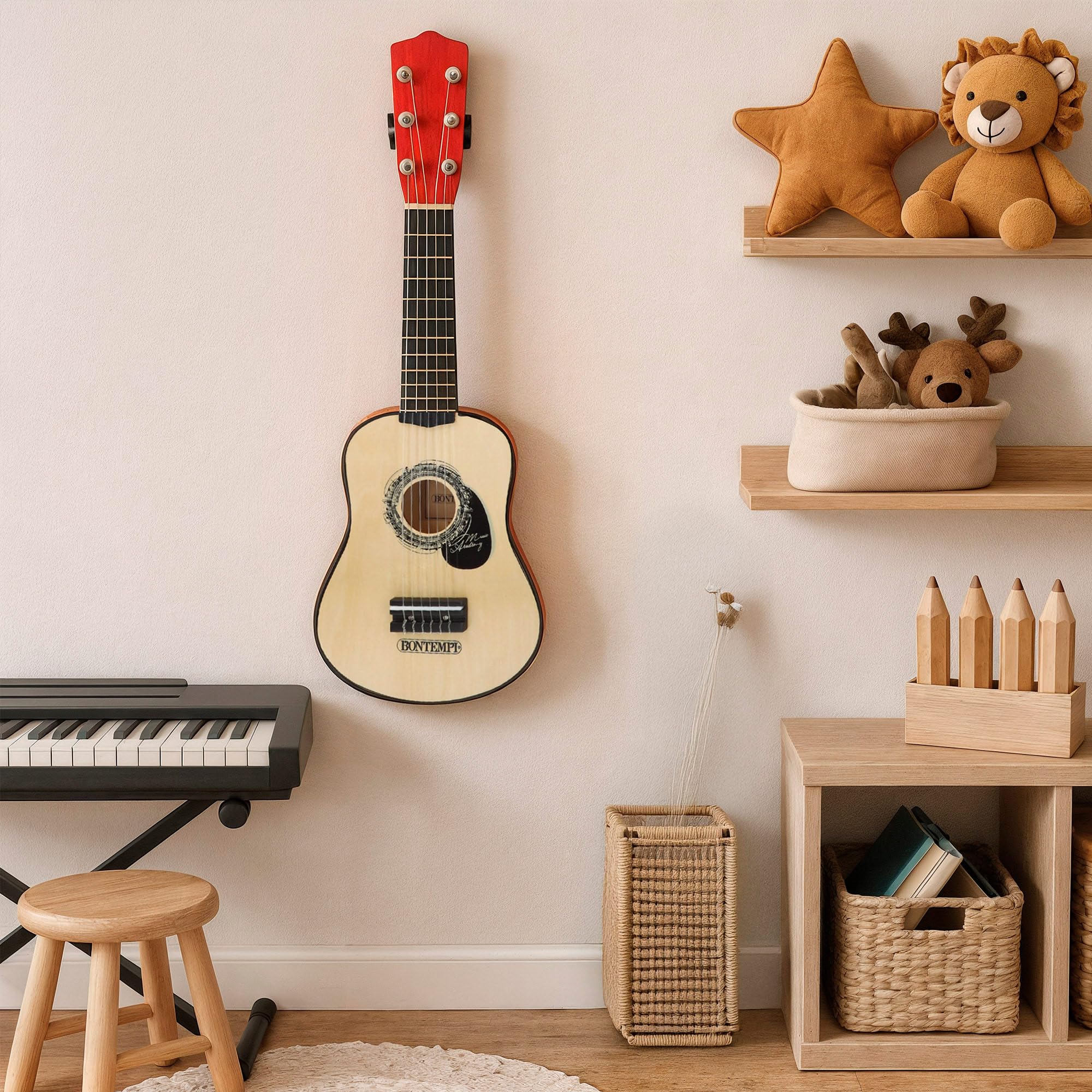 COLORBABY Bontempi Guitarra clásica de Madera 75 cm con Correa, 6 Cuerdas funcionales, Diseño Tradicional, Cuerpo Brillante, Ligera y manejable, para iniciarse en la música a Partir de 5 años (39231)