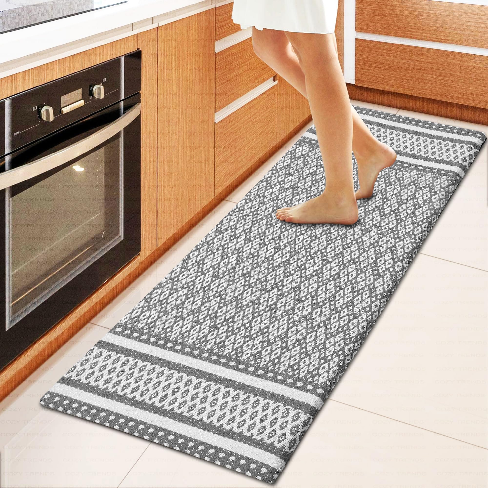 Anti-Fatigue Standing Cushioned Kitchen Bath Mats [Set of 2] - 18''x48'' | 18''x30'' | Comfort and Support for Long Hours | Non-Slip, Water-Resistant Foam (Diamond Gray)