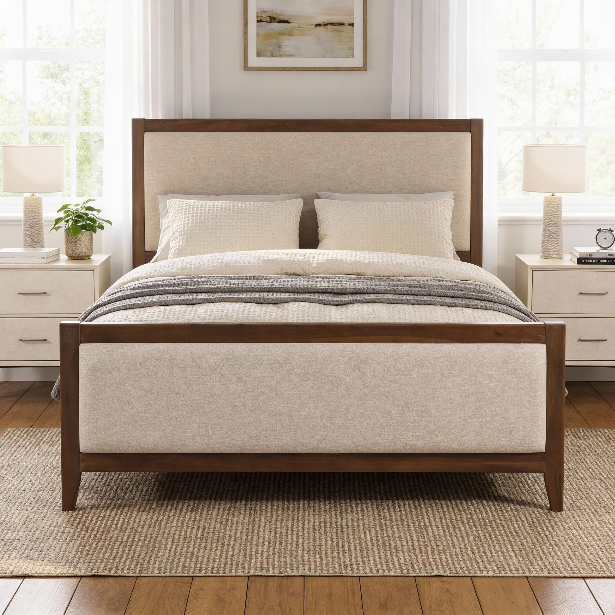 Christopher Knight Home Milas Upholstered California King Size Bed Frame with Headboard, Modern California King Bed Frame and Headboard, Wooden Slat