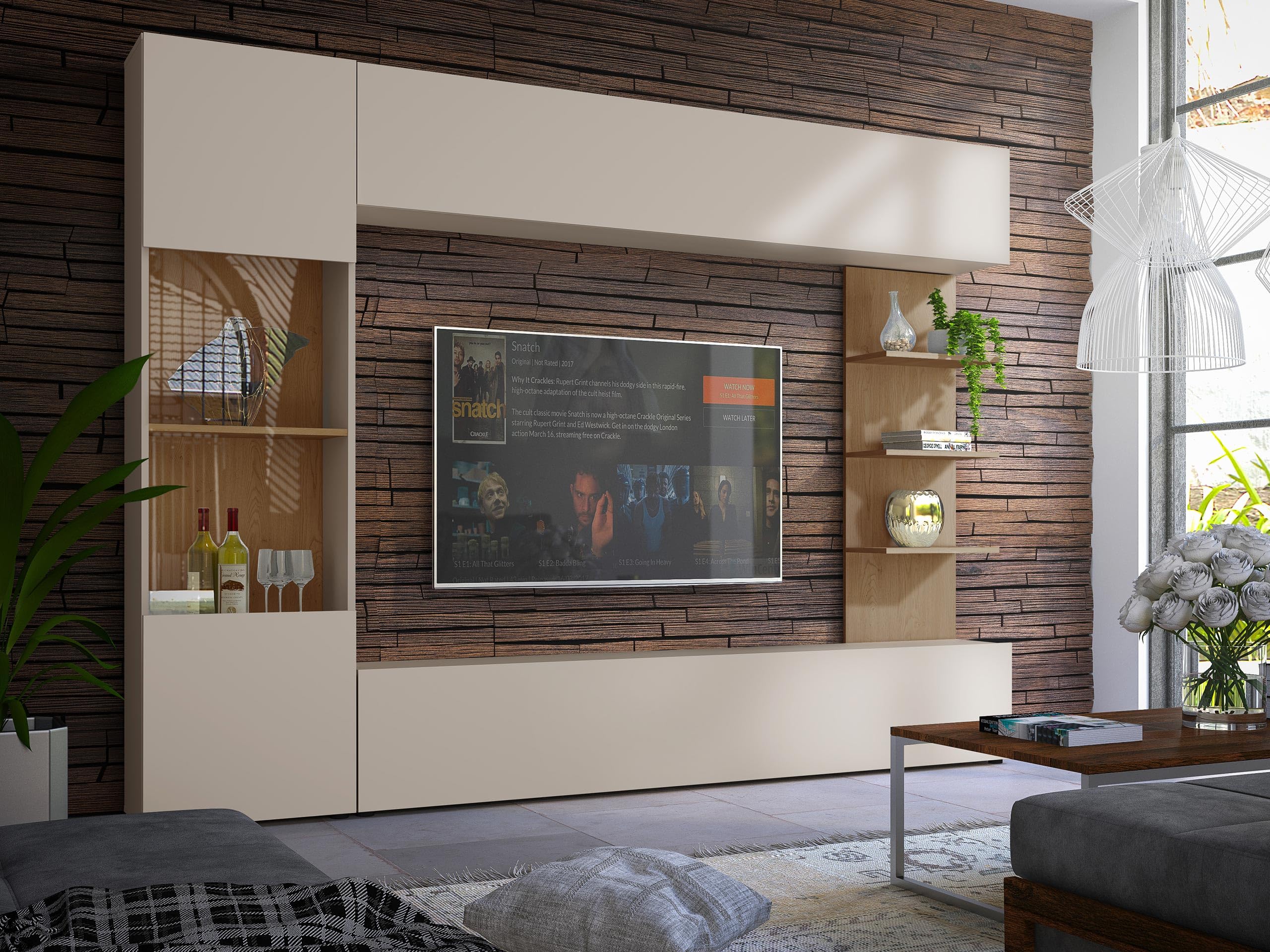 Lazando meuble de salon composé d'un mur d'extension, mur de média, armoire avec meuble suspendu, vitrine, TV bas et étagère murale (cachemire/chêne crèmone)