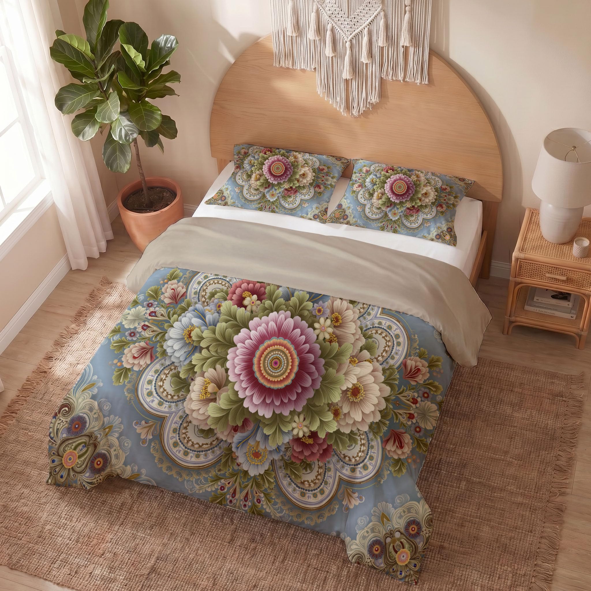 Housse de couette 2 personnes patchwork bleu mandala 220x240 cm