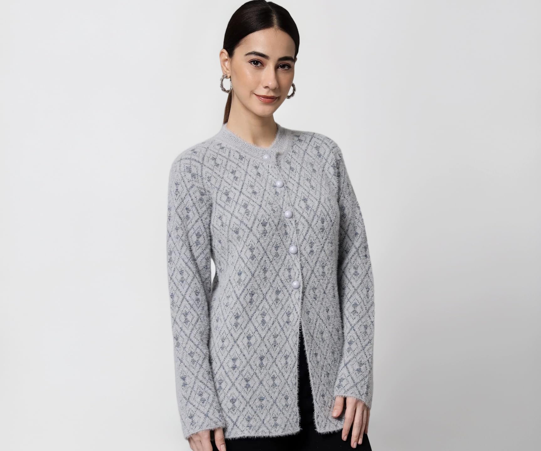 eWools Women's Wool Round Neck Cardigan