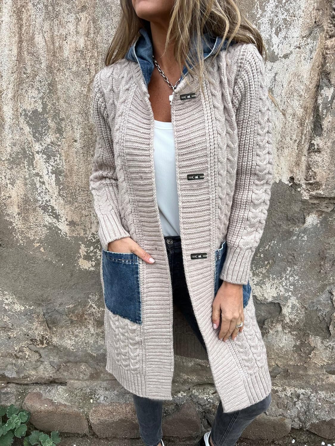 utcoco Women's Cable Knit Cardigan with Denim Hood and Pockets Open Front Long Sleeve Patchwork Sweater Coat - Image 2