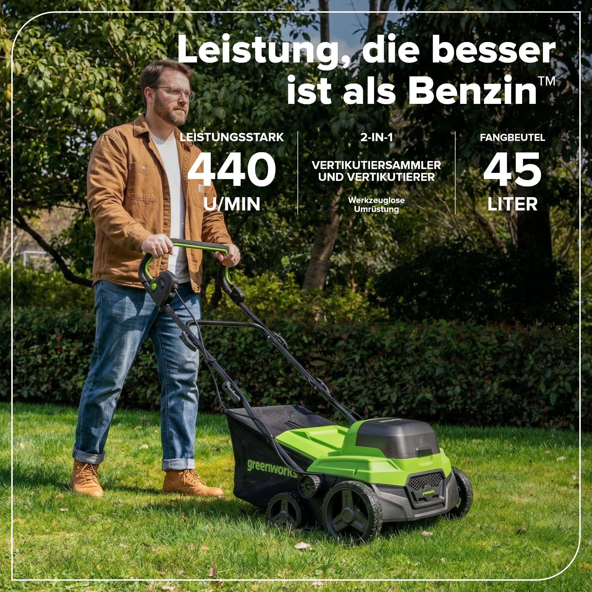 Greenworks Escarificador Aireador Césped 48V (24V x2) Brushless 2-en-1, Ancho 38 cm, 5 Niveles Altura, Bolsa 45L, Manillar Plegable, Herramienta Jardín Inalámbrica, Sin Batería GD2X24SC38II