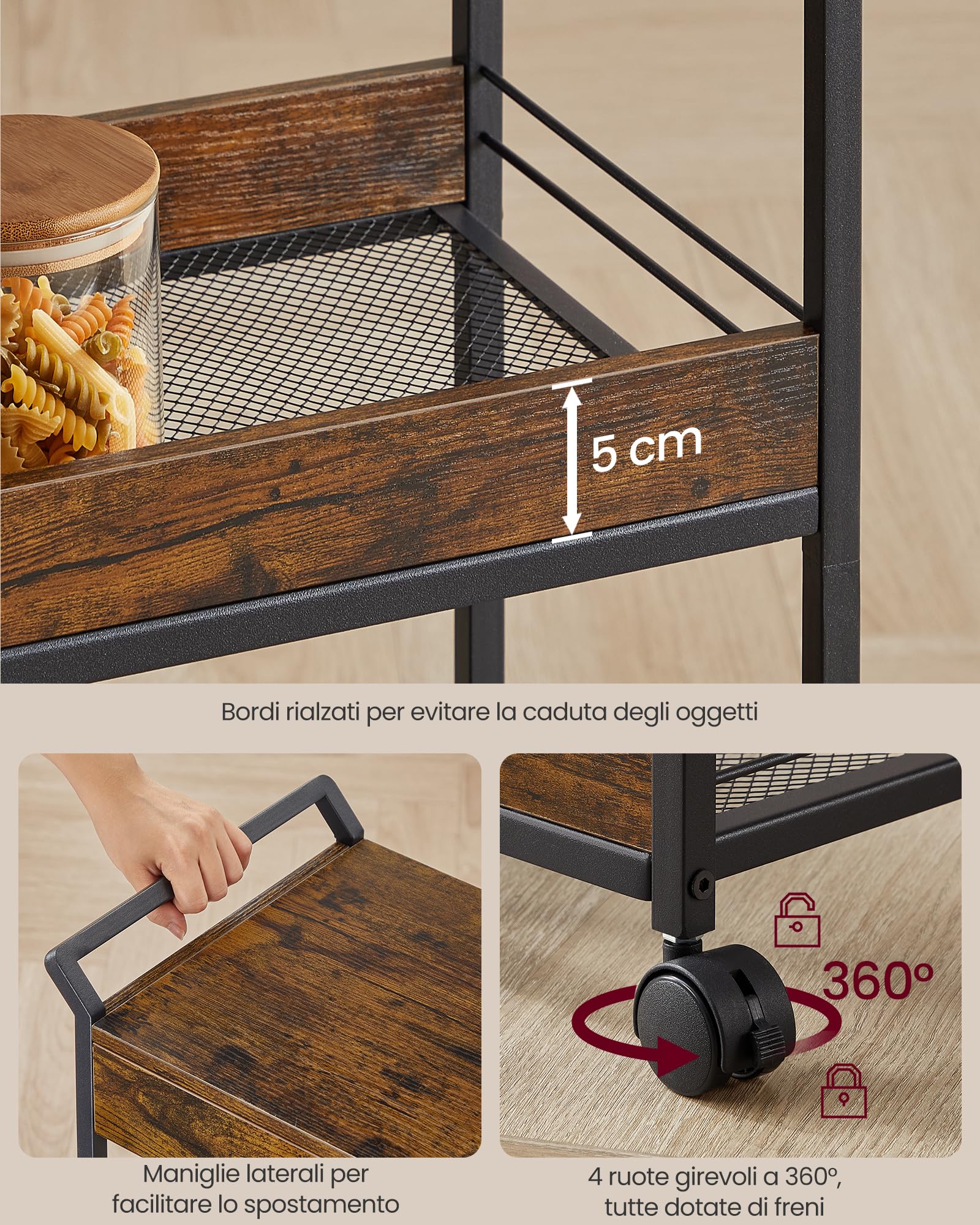 VASAGLE Carrello Portaoggetti a 3 Livelli con Ruote, Cassetto | Carrello di Servizio, Acciaio, Truciolato, con Freno, per Cucina, Bagno, Marrone Vintage e Nero, Collezione DACEY LRC048K01