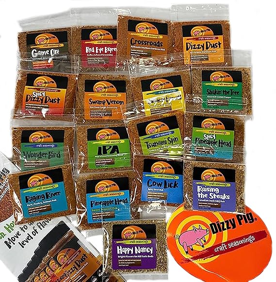Dizzy Pig Original Seasoning & Rub Blends Sampler Pack (17 Individual Samples) - Hand Made in the USA - Each Pack Seasons 2-4 lbs of Food - MSG Free, Gluten Free
