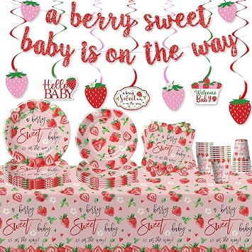 Strawberry Baby Shower Decorations, A Berry Sweet Baby Is On The Way Baby Shower Party Supplies, Dinner Plate, Dessert Plates, Cup, Paper Napkin, Tablecloth, Banner, Swirls, Serves 24