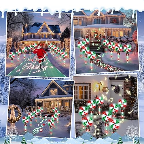 Miniatura 5 de Hiboom Lollipop - Luces de camino de Navidad con música de detección, 6 piezas de luces impermeables para exteriores con lazo de bayas para