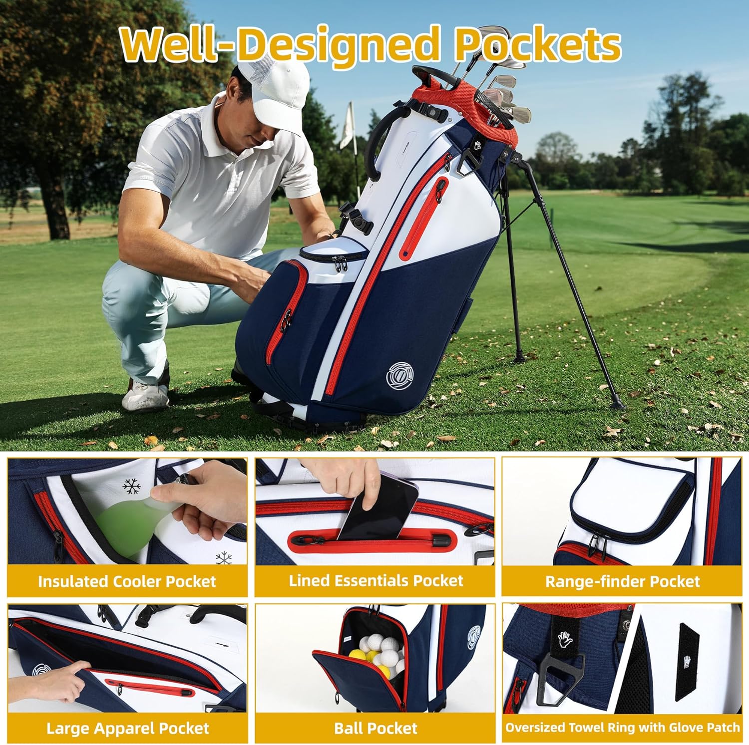Shopsource 14 Way Golf Stand Bag, Lightweight Golf Bag with Stand for Men Women, Standing Golf Club Bags with Padded Ergonomic Double Strap, Full Length Dividers, Multiple Pockets, Rain Hood