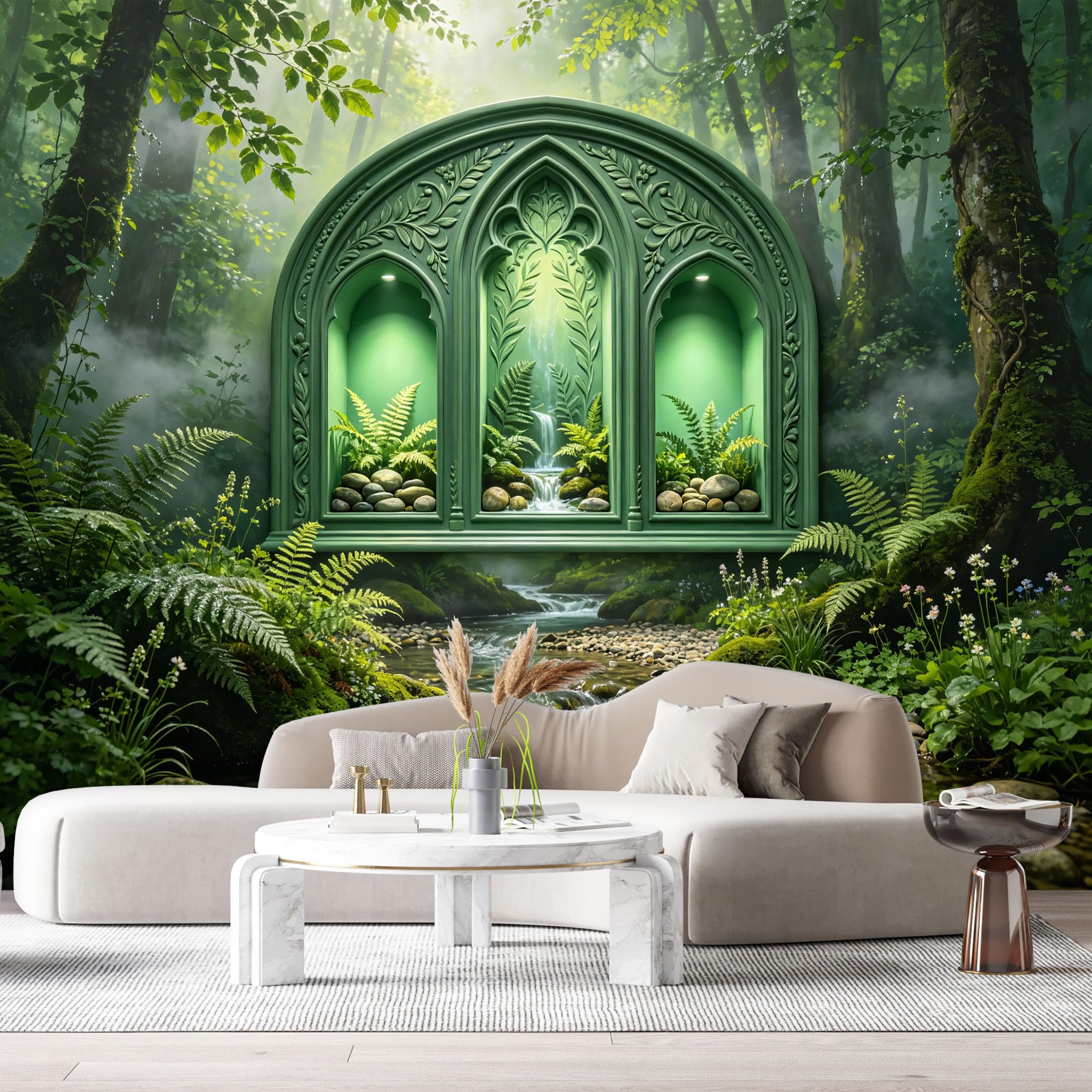 Custom Size Wall Murals Forest Gothic Window Waterfall Ferns 3D Trompe L'Oeil SelfAdhesiveWall Fabric Removable Wallpaper Wall Decor for Living Room Bedroom Bathroom